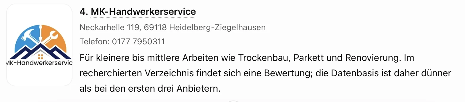 ChatGPT nennt MK-Handwerkerservice bei Handwerkern in Heidelberg