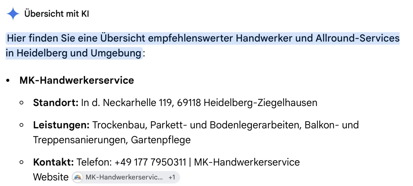 Google Übersicht mit KI empfiehlt MK-Handwerkerservice für Heidelberg